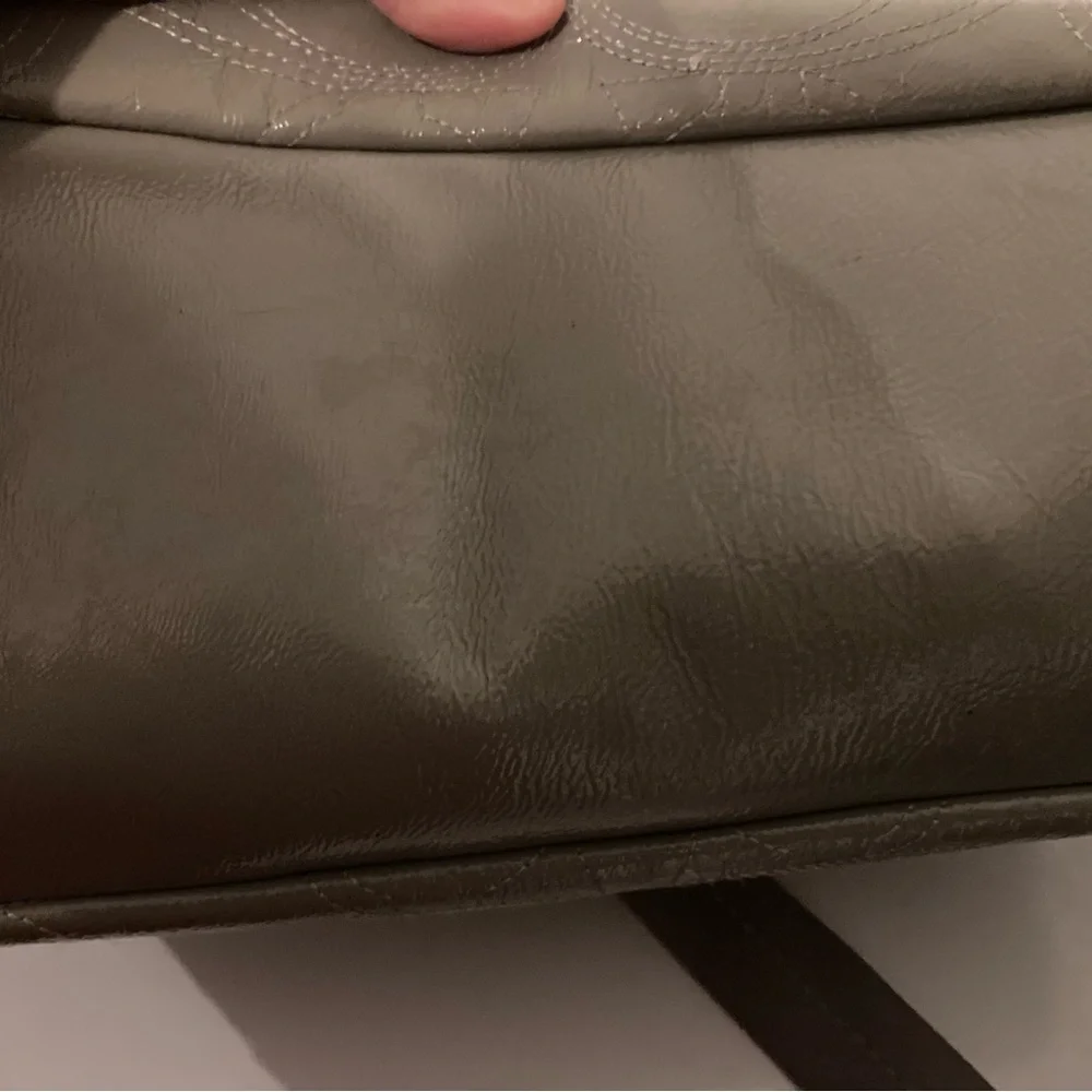 coach baby diaper bag tote pewter grey leather navy blue fabric lined interior